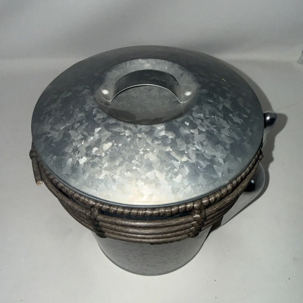Galvanized Metal Ice Bucket with Lid Scoop Carry Handles Lined Plastic Farmhouse